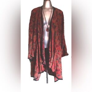 VTG 90s Bohemian Red Leopard Abstract Geometric Print Open Draped Duster Kimono